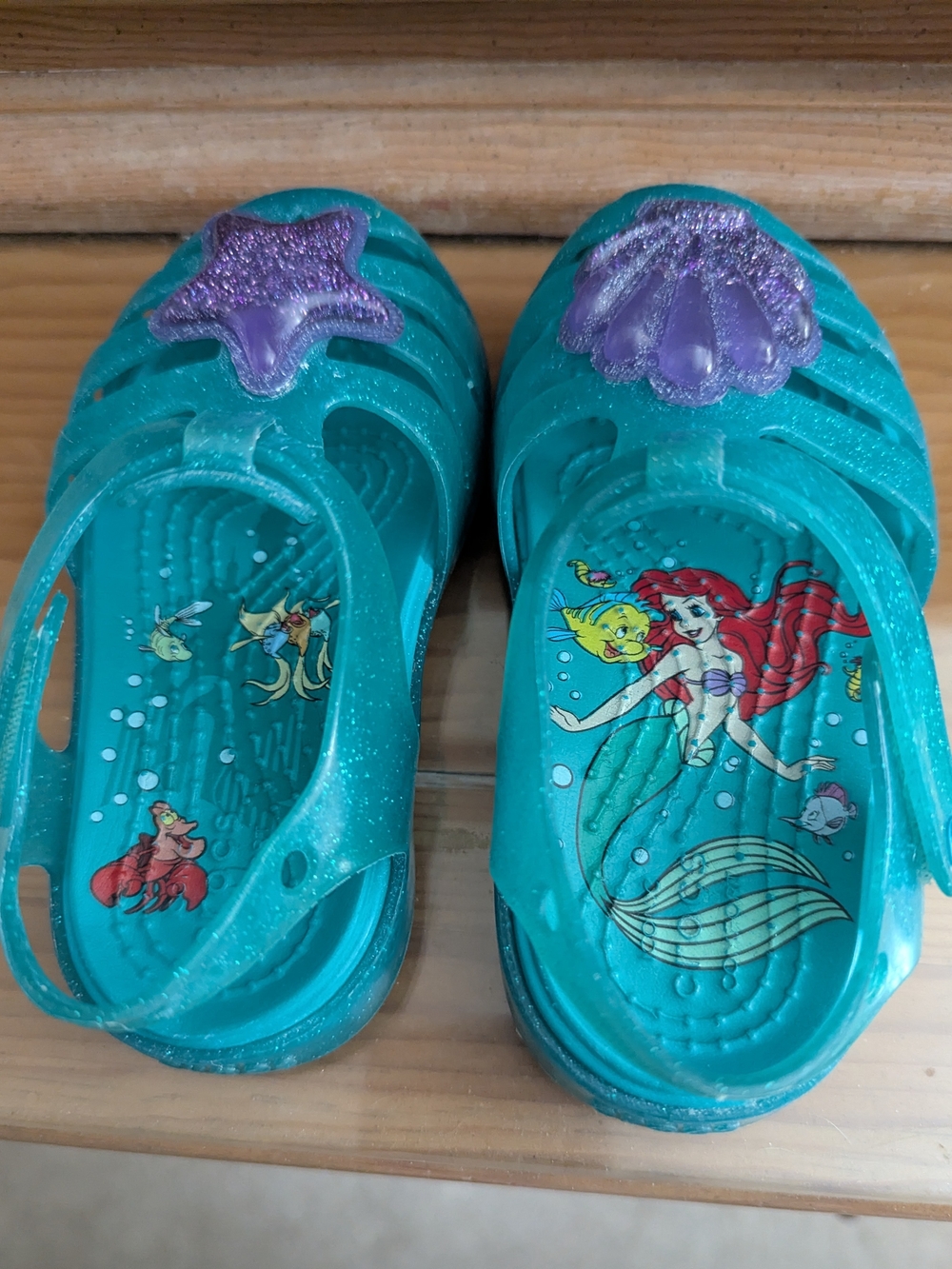 CROCS Kids Teal Sandals with Purple Glitter Shells